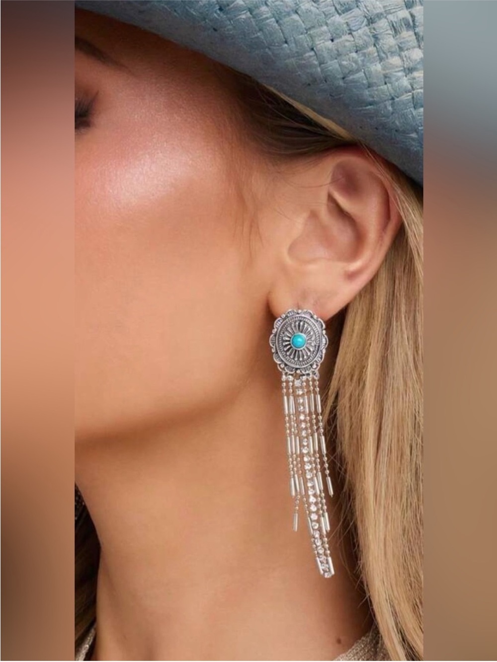 Western Earrings Silver Turquoise Fringe Drop Earrings Stainless Jewelry new
